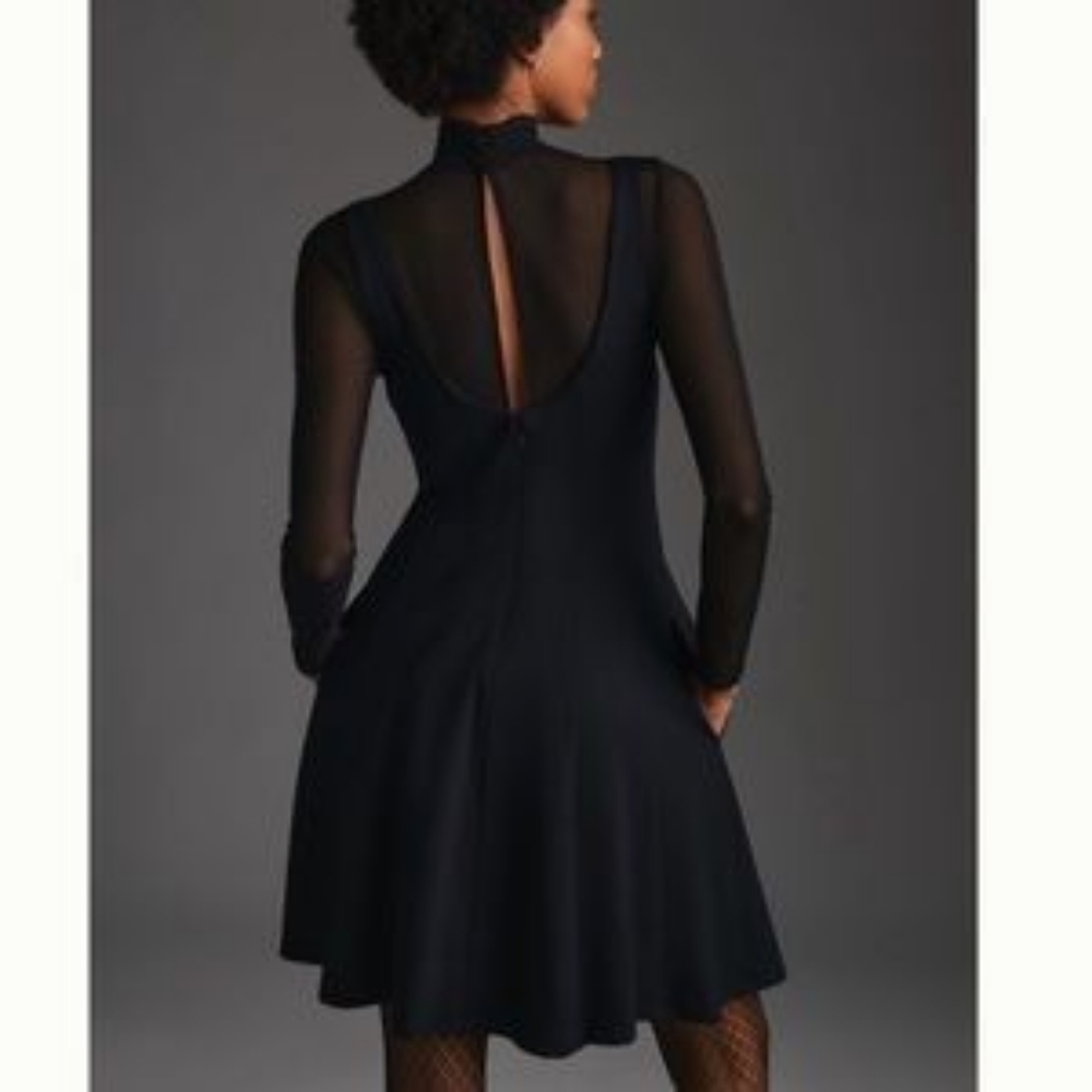 NWT Anthropologie Layered Sheer Mini Dress M Black Long Sleeve Fit & Flare - Picture 12 of 12